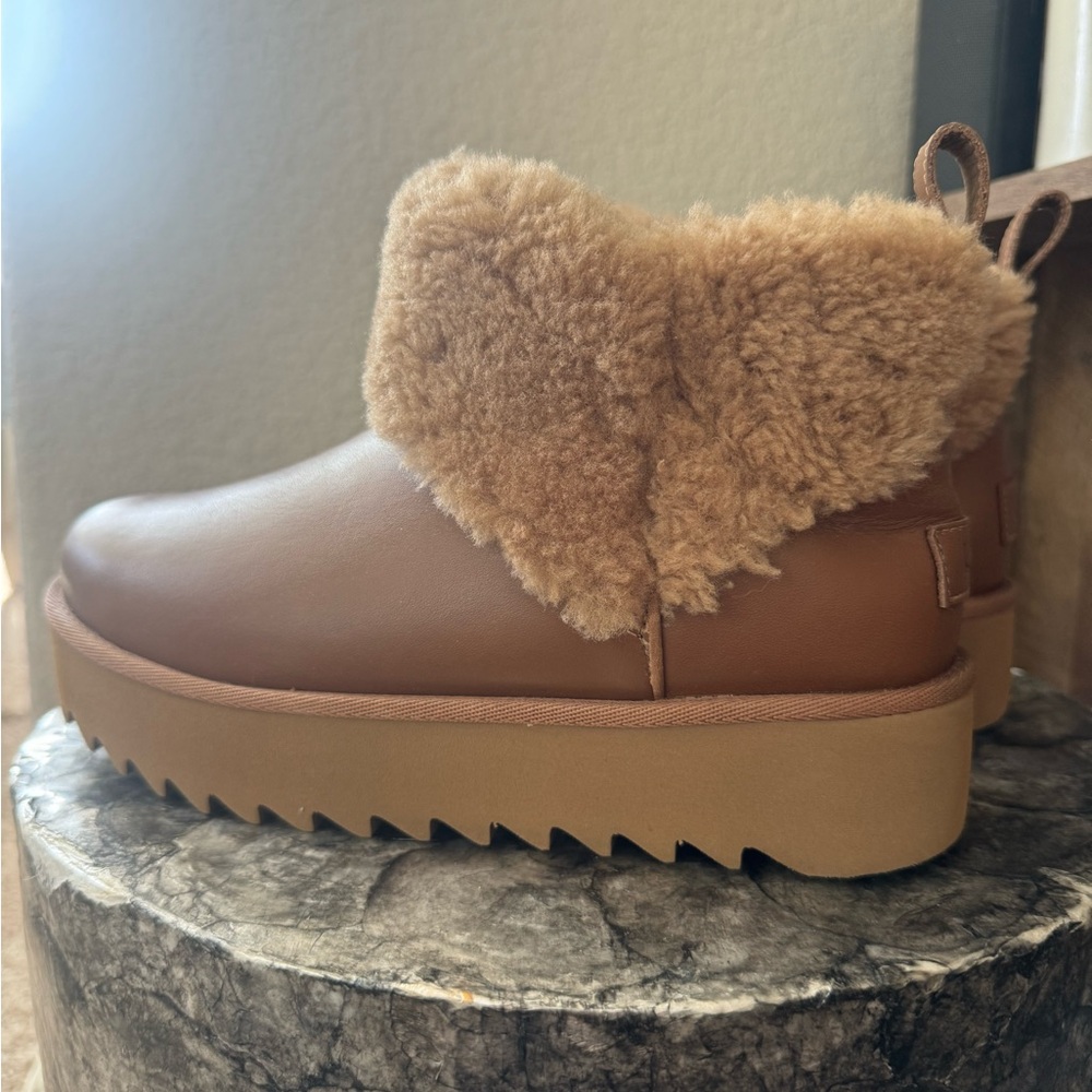 UGG Alina Ulra Mini Chestnut Brown Shearling-Trim Ankle Platform Booties